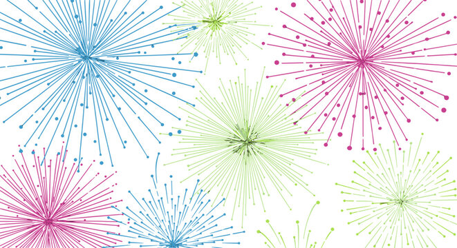 Abstract dandelion seed heads bursting with color and light on white background