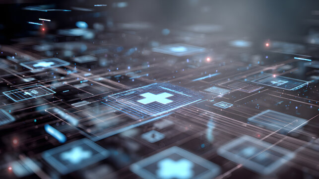 Digital medical network with glowing cross icons and secure records grid conveying connected health data and protection