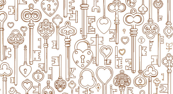 Collection of antique skeleton keys and heart shaped locks vintage ornate design