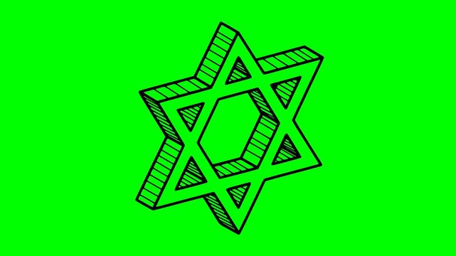 Hand drawn isometric Star of David with black fill and hatching shading on green screen chroma key background for religious and cultural projects