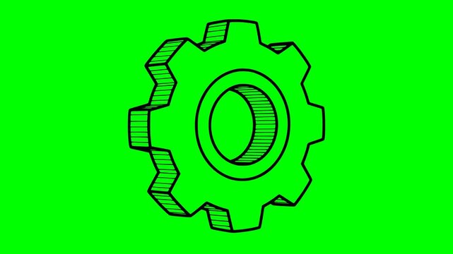 Animated isometric gear icon in a hand drawn style with black fill and hatching. Features a bottom bounce effect on a green screen chroma key background for easy compositing and video editing