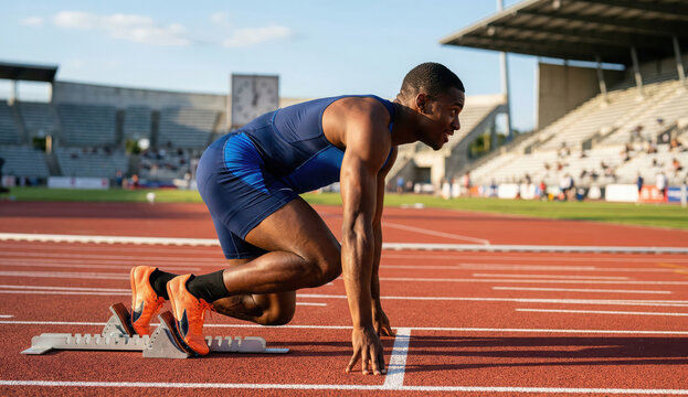 A powerful sprinter prepared to explode from the starting blocks on a professional running track. His muscles are tensed with focus and determination. High-energy atmosphere for race