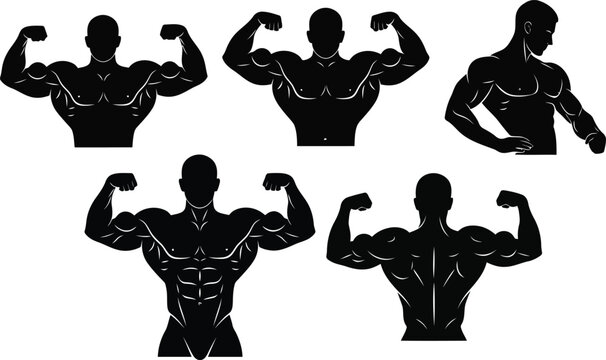 Muscular bodybuilder silhouettes set showing strong male physique flexing muscles in various poses, fitness and bodybuilding concept illustration