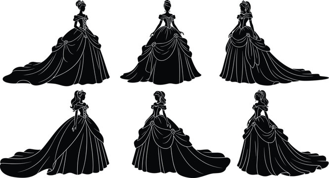 Silhouettes of princesses in voluminous ball gowns with ornate details.