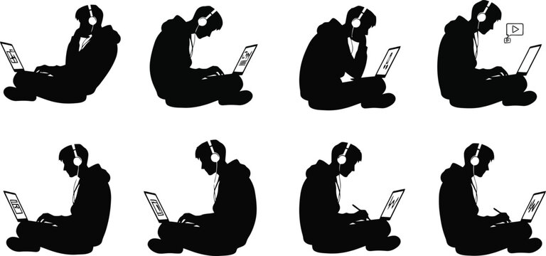 Silhouette collection of young people using laptops with headphones studying working online remote learning digital lifestyle illustration