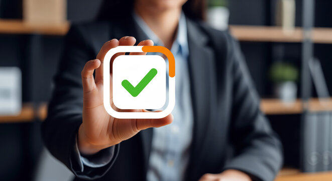 Compliance verification scene with a visible check mark as a reviewer confirms policy clearance, requirement match and secure record status for controlled filing and internal control