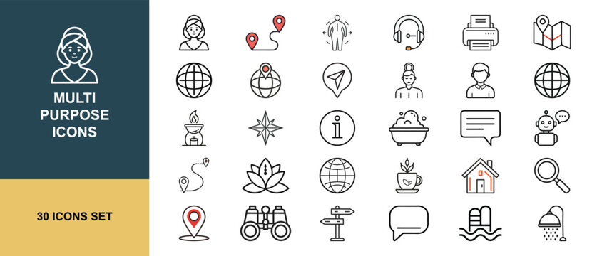 Multi purpose lifestyle travel communication line icon set