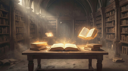 Fototapeta premium Enchanted books hovering above wooden table in mystical library. Glowing pages illuminating ancient room filled with bookshelves.