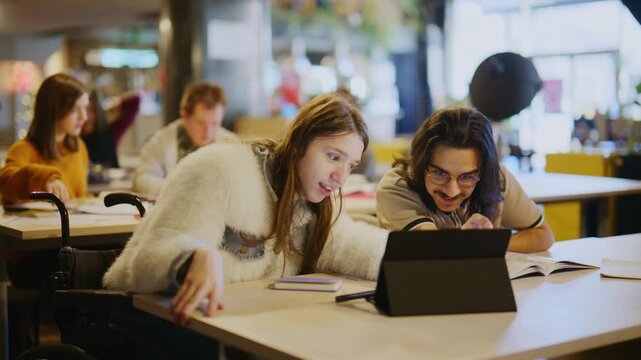 Two students, one in a wheelchair, collaborate and study together with a tablet in a university setting. They are engaged in an inclusive learning environment, sharing a digital device and a book.