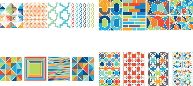 Collection of various colorful geometric patterns and designs for backgrounds and textures  vibrant shapes and colors