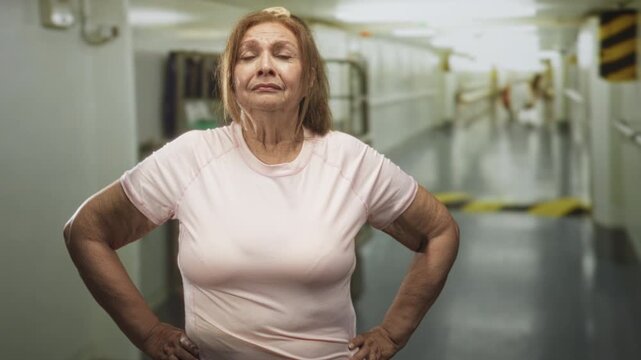 Senior hispanic woman with hands on hips wearing pink tshirt in building corridor resembling ship passage, looking resolute and steady; determination resilience.
