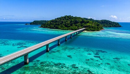 Fototapeta premium Aerial view of a long bridge connecting tropical islands over turquoise ocean