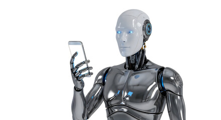 Fototapeta premium Futuristic humanoid robot holding transparent smartphone against white background.