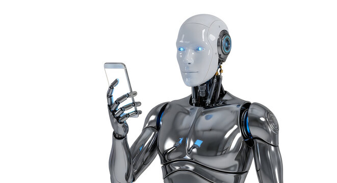 Futuristic humanoid robot holding transparent smartphone against white background.