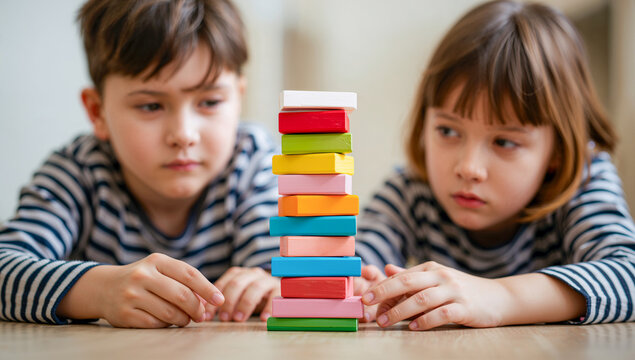 Focused children building tall colorful block tower on wooden table at home