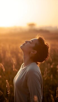 Woman sunset field freedom nature peace mindfulness lifestyle calm