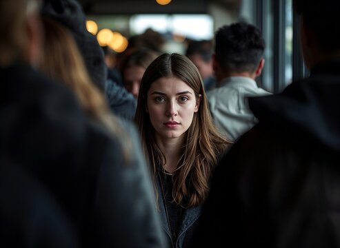 Woman crowd stress anxiety social pressure city loneliness concept