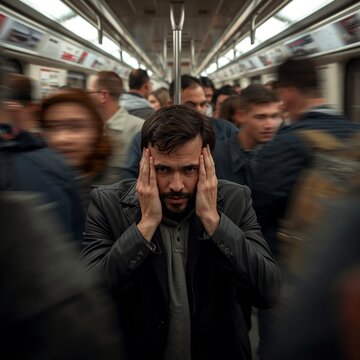 Stressed man in crowded subway, urban anxiety concept, mental overload, busy city lifestyle, motion blur background