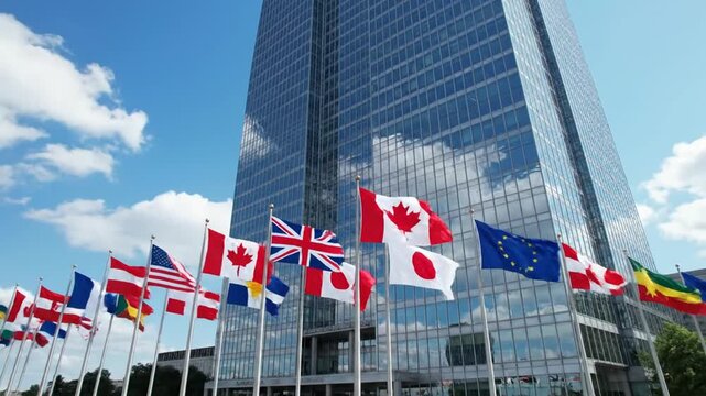 International flags flying in front of modern glass skyscraper building