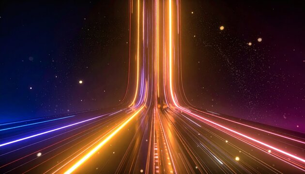 Futuristic digital connectivity background with glowing neon light trails and stars