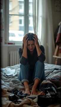 Stressed woman sitting at home holding head, mental health concept, anxiety and burnout, emotional stress, lifestyle portrait