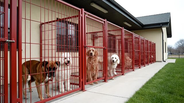Dog shelter exterior featuring animals inside metal cages during daylight