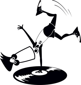 Funny person balances on one hand on a long playing record