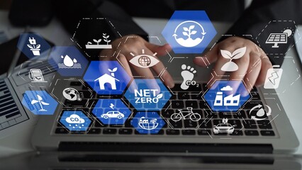 Fototapeta premium Net zero and sustainability concepts with environmental balance, digital sustainability icons, green energy goals, and eco-conscious digital business transformation for the future. Funnel