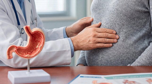 Doctor examining patient's stomach during a medical consultation. Focus on digestive health with an anatomical stomach model