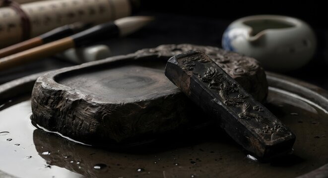 Chinese Ink Stone and Inkstick with Water Drops Macro Still Life Traditional Art Tools Chinese Language Day