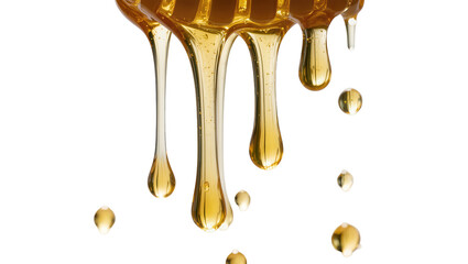 Golden viscous honey dripping in strands and droplets, isolated on transparent background © Alexander