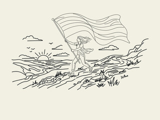 Obraz premium Minimal line art illustration of a woman walking with a flag across a scenic landscape with hills, river, and sunset. Represents freedom, journey, and personal empowerment.