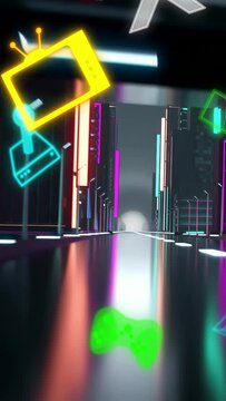 Vertical video: Low-angle camera showing neon icons on wet road floating, fading toward bright fog