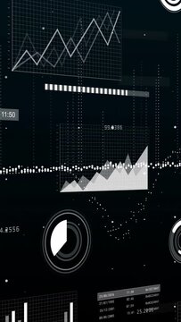 Vertical video: On panels sliding in data dashboard charts rising gauges filling showing gains
