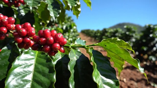 Ripe coffee cherries on a branch with lush green leaves and rows of coffee plants under a bright blue sky.