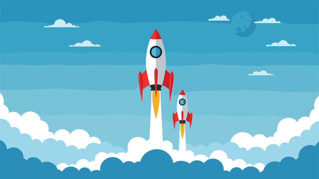 Two space rockets launching into the sky with clouds and moon representing business startup growth and exploration.