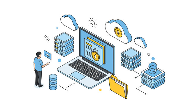Secure cloud computing and data management concept with an isometric laptop protected by advanced safety features.