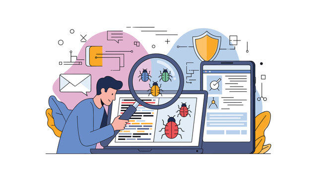 Software developer using a magnifying glass to find bugs and debug code on laptop and smartphone screens at work.