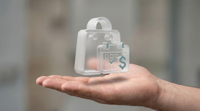 Hand holding 3D glass shopping bag and payment calendar icon, pay later