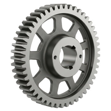 Close-up gear wheel with metal teeth isolated on transparent background