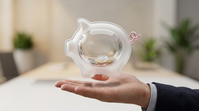 Savings concept, businessman hand holding transparent glass piggy bank with gold coins inside in office background