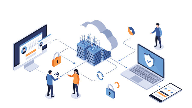 Digital infrastructure concept showing people interacting with various devices connected to a central cloud server system.