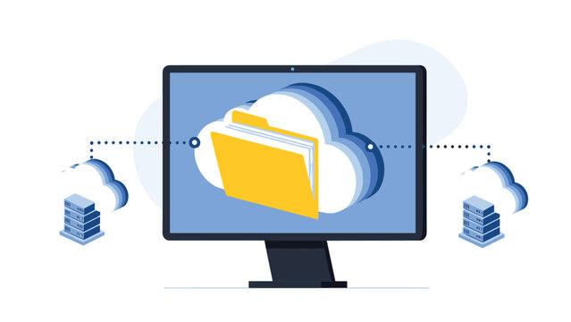 Secure cloud storage and file management concept showing a large folder icon over a cloud on a desktop computer screen.