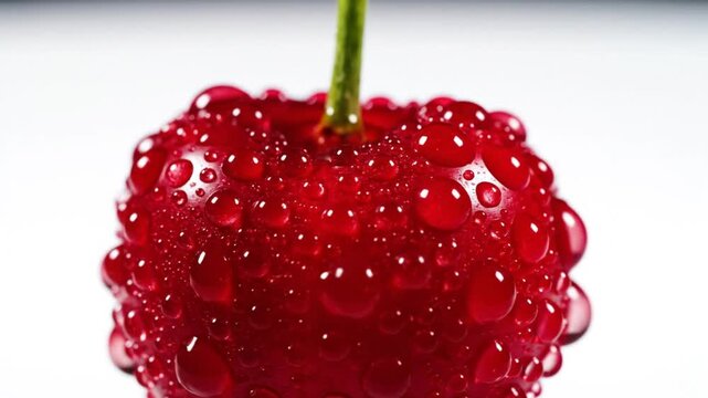 Close up view of fresh ripe red cherry with water drops on white background with green stem