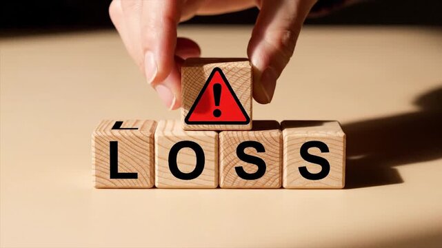 Wooden letter blocks spelling LOSS on beige background with soft shadow