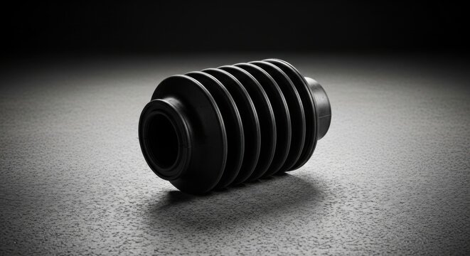 Black rubber bellows boot car part, macro detail shot on textured surface