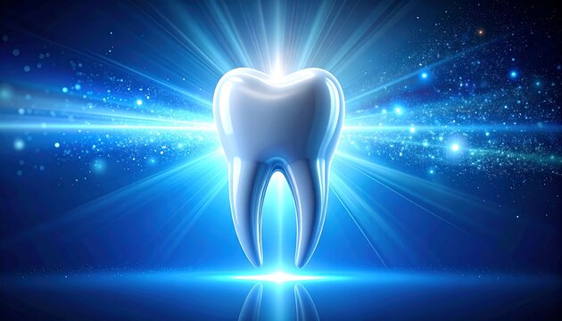 A single tooth illuminated with bright, radiant blue light against a backdrop of twinkling stars