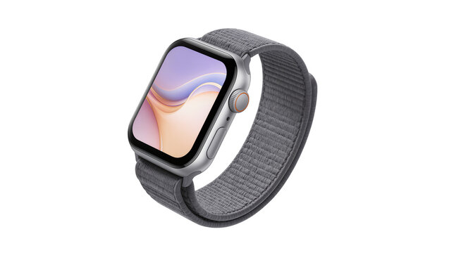 Modern smartwatch with grey fabric band displaying colorful abstract wallpaper, isolated on transparent background