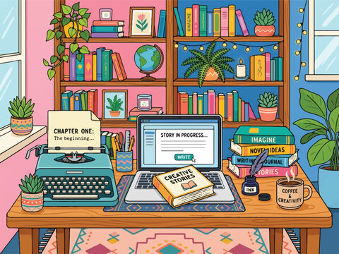 Colorful home office workspace with laptop typewriter books and plants on wooden desk  creative writing setup