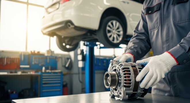 Mechanic in a car garage inspecting an alternator